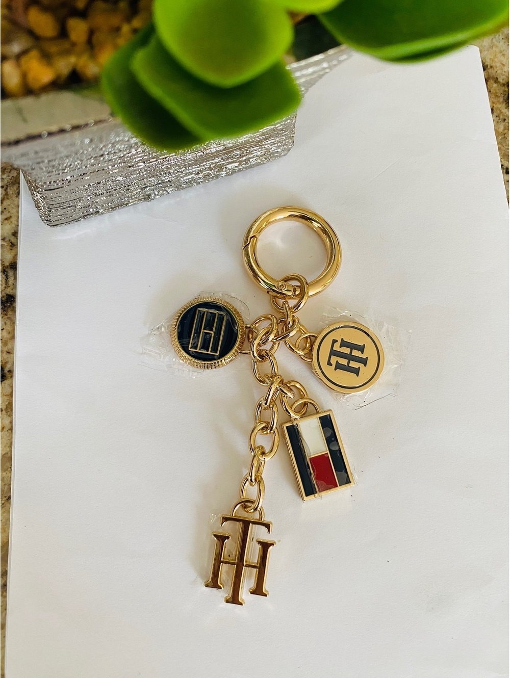 Tommy Hilfiger Gold Tone Keychain with Enamel Charms
